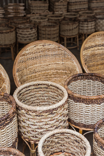 Rattan baskets, chairs and other handicrafts for sale at a small store at Manaoag, Pangasinan, Philippines.