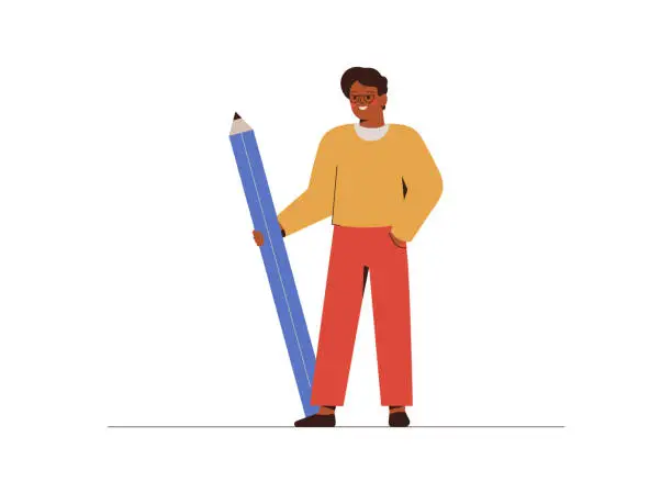 Vector illustration of Black man holds large pencil. Confident african American male writer, journalist, editor, copywriter or content manager stands with pen