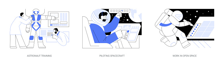 Astronautics abstract concept vector illustration set. Astronaut training in spaceship cockpit, piloting spacecraft, work in open space, microgravity environment, space exploration abstract metaphor.