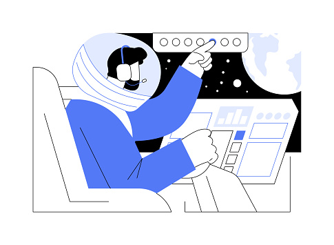 Piloting spacecraft abstract concept vector illustration. Professional astronaut sitting in spaceship cockpit, natural science, space exploration, microgravity environment abstract metaphor.