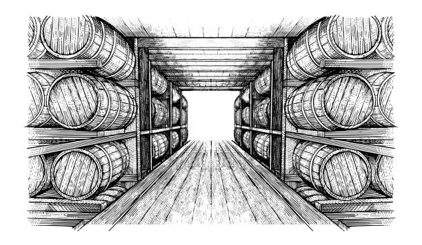 Wine cellar with barrels in hand-drawn vector. Wine cellar, winery in engraved style Wine cellar with barrels in hand-drawn vector. Wine cellar, winery in engraved style woodcut banner stock illustrations