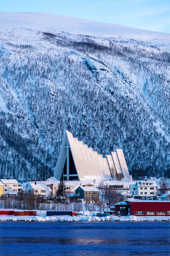 Tromso Cityscape and Arctic Cathedral Church in Norway at Sunrise.