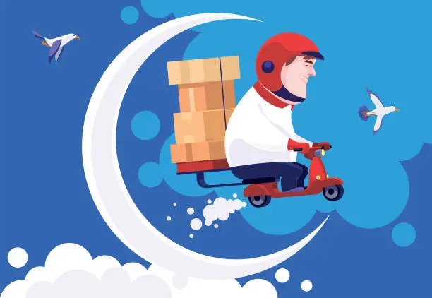 Vector illustration of courier on scooter carrying stack of cartons and flying over moon