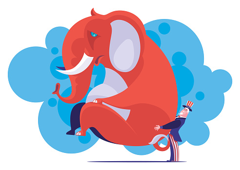 vector illustration of Uncle Sam carrying red elephant