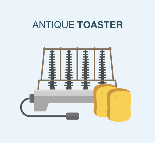 First antique toaster icon. Kitchen appliance. Vector illustration template. First antique toaster icon. Kitchen appliance. Flat vector illustration template. kitchen utensil antique toaster old stock illustrations