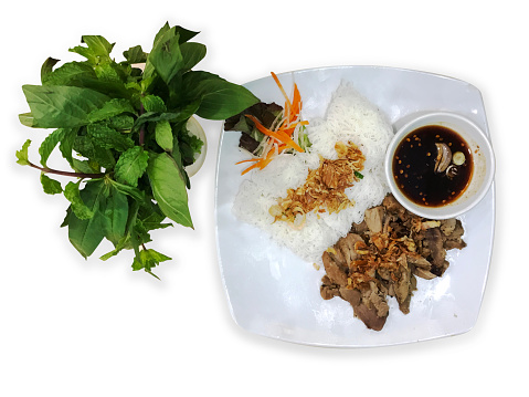 Die cut of Vietnamese Grilled Pork with Vermicelli on white isolated.