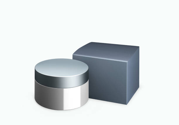 istock Blank bright grey cosmetic jar mock up on white background with smear cream in front view angle, 3d illustration 1485359698