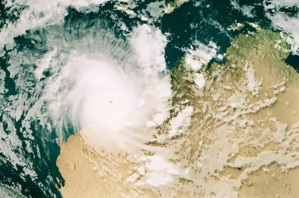 3D Render of a Topographic Map of the Northwest Coast of Australia with the clouds from April 14, 2023. 
Category 5 Severe Tropical Cyclone Ilsa approaching Western Australia.
All source data is in the public domain.
Cloud texture: Global Imagery Browse Services (GIBS) courtesy of NASA, VIIRS data courtesy of NOAA.
https://www.earthdata.nasa.gov/eosdis/science-system-description/eosdis-components/gibs
Color texture: Made with Natural Earth.
http://www.naturalearthdata.com/downloads/10m-raster-data/10m-cross-blend-hypso/
Relief texture: GMTED 2010 data courtesy of USGS. URL of source image:
https://topotools.cr.usgs.gov/gmted_viewer/viewer.htm
Water texture: SRTM Water Body SWDB: https://dds.cr.usgs.gov/srtm/version2_1/SWBD/