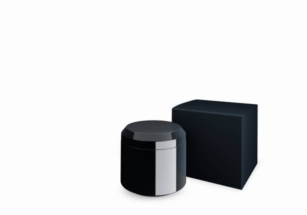 istock Blank black glossy cosmetic jar mock up on white background with smear cream in front view angle, 3d illustration 1485359892