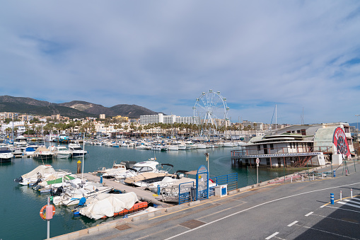 Boats and yachts in the outer harbour with blue sea and sky Benalmadena Puerto, Spain, Costa Del Sol on Friday 24th February 2023
