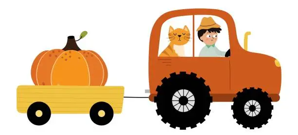 Vector illustration of Cute boy farmer driving a tractor with a cat. Farm transport carrying a pumpkin