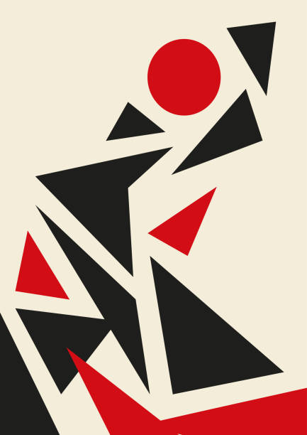 Abstract composition with simple geometric shapes in the style of a Soviet futuristic poster. The stylized image of a rock: black, red triangles on white background. Vector illustration in retro style