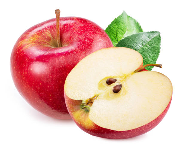 istock Ripe red apple, apple slice with green leaves isolated on white background. 1485363525