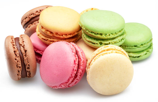 istock Colorful french macarons isolated on white background. 1485363823