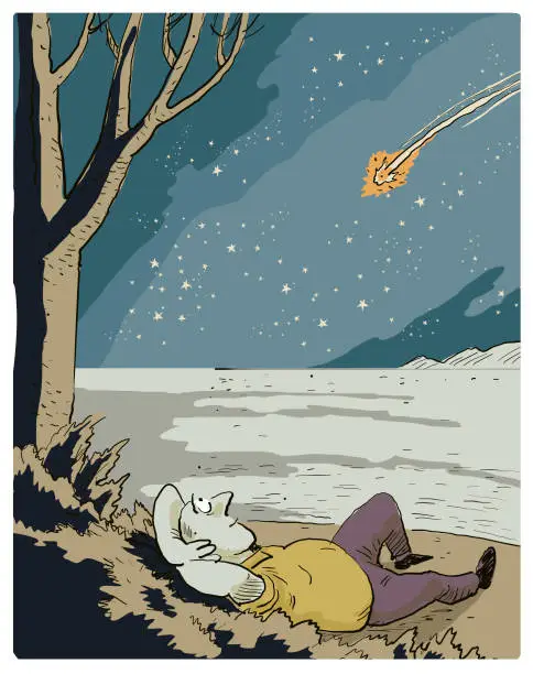 Vector illustration of a Man Watches a Meteorite Falling to Earth at Night in Nature