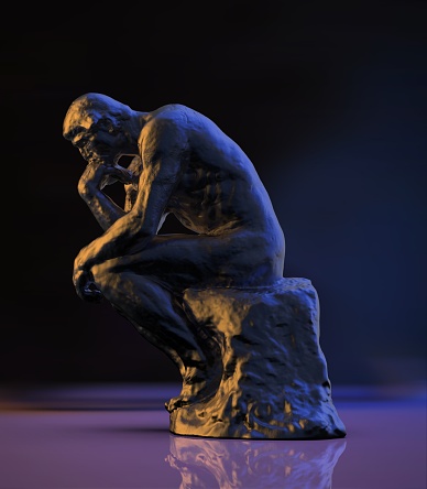 Thinker man 3D illustration. The Thinker Statue by the French Sculptor Rodin.