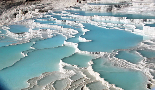 Series of terraced basins filled with calcite-laden waters in Unesco World Heritage site Pamukkale, Turkey.