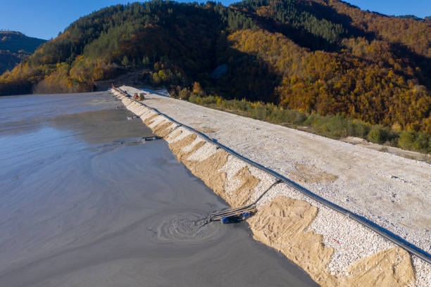 Aerial view of heavy metal contamination from a copper mine. Mining residual waters discharging into decanting pond. Geamana, Romania