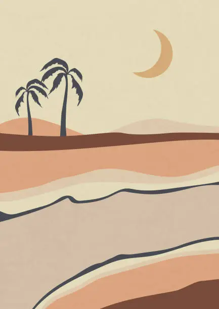 Vector illustration of Aesthetic desert landscape, dunes and palms illustration. Earth tones, beige colors