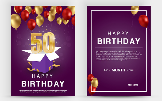Vector invitation double card for 50th birthday celebration. Brochure the fiftieth anniversary celebration. Template of invitational for print.