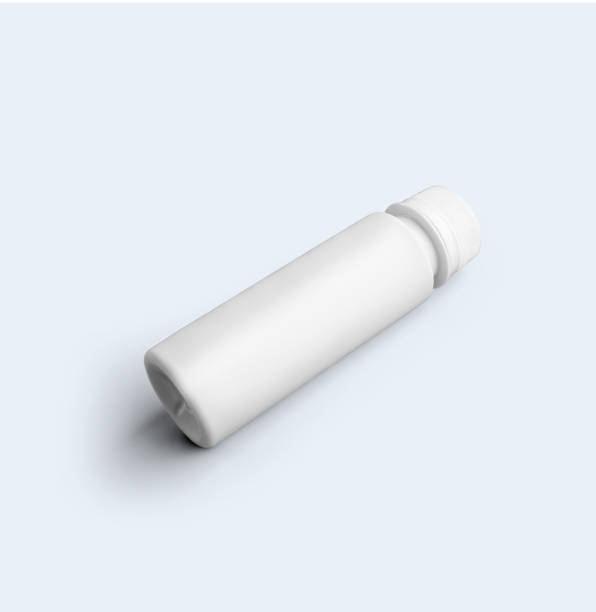 istock 3D rendering blank white cosmetic powder bottle with plastic cap isolated on grey background. fit for your mockup design. 1485370114