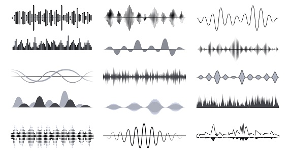Radio music waves designs, analog audio signal. Track or sound, musical wave vibrations. Voice recognition digital monochrome decent vector symbols. Illustration of voice sound frequency