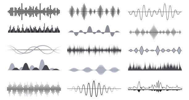 Radio music waves designs, analog audio signal. Track or sound, musical wave vibrations. Voice recognition digital monochrome decent vector symbols Radio music waves designs, analog audio signal. Track or sound, musical wave vibrations. Voice recognition digital monochrome decent vector symbols. Illustration of voice sound frequency record analog audio stock illustrations