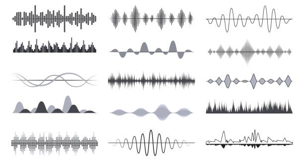 Radio music waves designs, analog audio signal. Track or sound, musical wave vibrations. Voice recognition digital monochrome decent vector symbols Radio music waves designs, analog audio signal. Track or sound, musical wave vibrations. Voice recognition digital monochrome decent vector symbols. Illustration of voice sound frequency sound wave stock illustrations