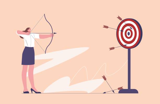 Woman shoot target with arrows. Aim vision, financial or job goals focuses. Female entrepreneur career, leadership confident girl kicky vector character Woman shoot target with arrows. Aim vision, financial or job goals focuses. Female entrepreneur career, leadership confident girl vector character and target or goal, woman achievement illustration archery target group of objects target sport stock illustrations