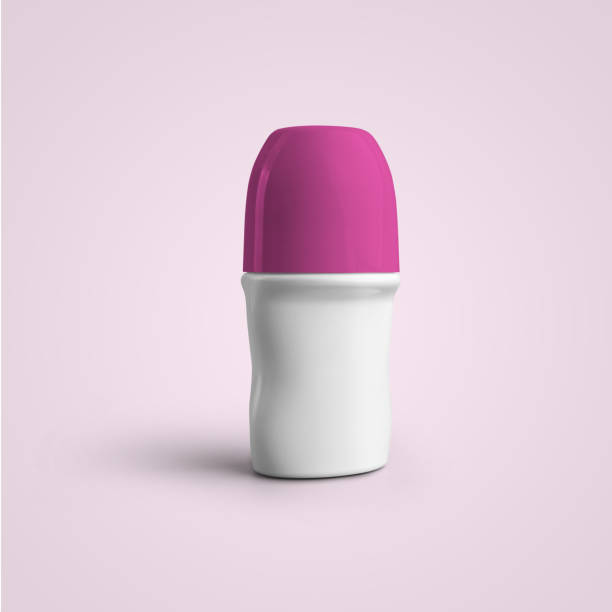 istock 3D rendering blank white roll on deodorant plastic bottle with pink cap isolated on grey background. fit for your mockup design. 1485371211