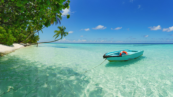 Beautiful maldives tropical island with a boat - Panorama. Time out on summer vacation concept.