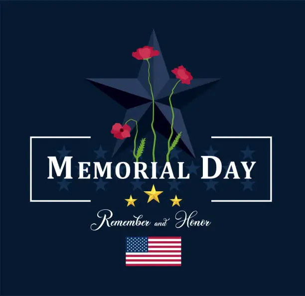 Vector illustration of Memorial Day Poster. Remember and Honor. United States Flag.