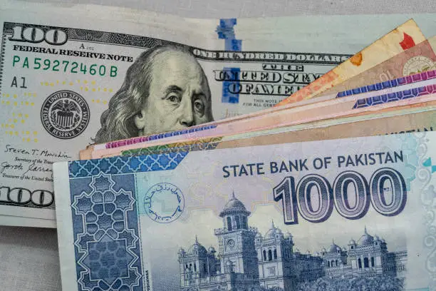 Photo of Pak Rupees Bank Notes with US Doller. Business and Finance Concept
