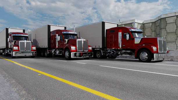 istock American style truck on freeway pulling load. Transportation theme. 3D illustration 1485380573