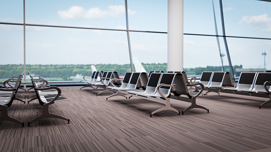 Empty seat in the airport  departure lounge. 3d illustration Render