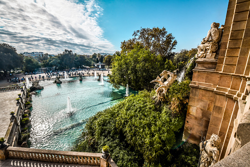 Picturesque View Of Monumental Waterfall In Ciutadella Park In Barcelona, Spain