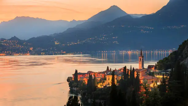 Stunning view at dusk looking over Varenna on Lake Como, Italy