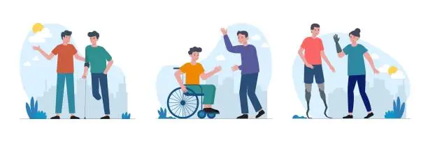 Vector illustration of Сoncept of helping and recovering people with special needs, flat vector illustration