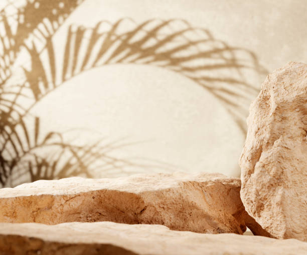 Natural stone podium with palm leaf shadow in background