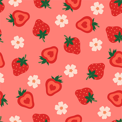 Seamless pattern with strawberries on a pink background. Vector image.