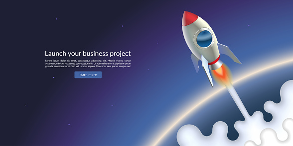 Space rocket launch. Concept of a new business project startup. Vector illustration in 3d style.