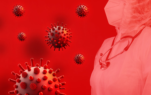 Doctor in a medical mask and coronovirus suit on a red background. Dangerous virus mockup, bacteria, microbe close-up. Medicine concept.