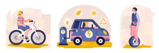 Vector illustration of Set of vector illustrations about eco transport. Recharging with solar energy, saving environment