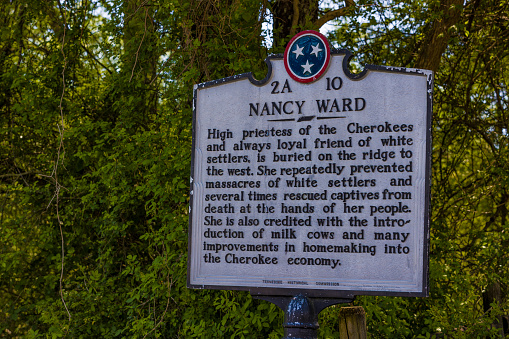 Benton, Tennessee, USA - April 18, 2023:  Nanyehi Beloved Woman and political leader of the Cherokee also known as Nancy Ward by the English.  She is buried here along with her son, Five Killer from her first husband Kingfisher and her brother Longfellow.