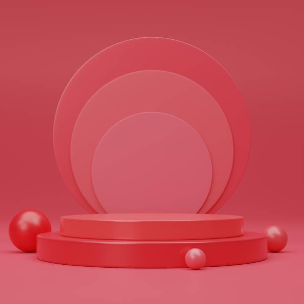 istock Red podium in a red room with three red balloons - 3D Illustration 1485397798