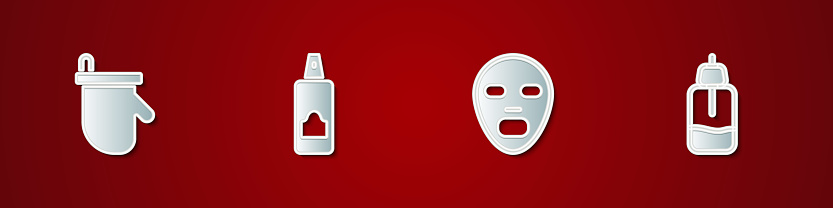 Set Sauna mittens, Spray can for hairspray, Facial cosmetic mask and Essential oil bottle icon. Vector.
