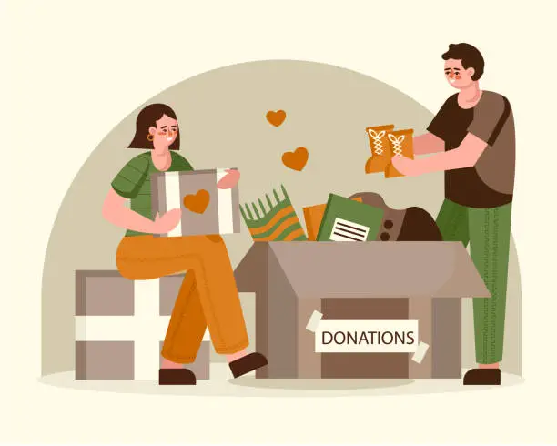 Vector illustration of Donation of clothes for poor. People give their things to those in need