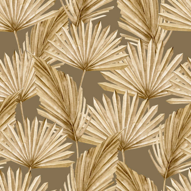 istock Seamless Pattern with dried Palm Leaves on dark brown background. Hand drawn watercolor illustration in boho style in golden colors. Bohemian ornament for wallpaper or wrapping paper. Botanical print 1485399503