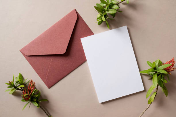 istock White blank greeting or invitation card and envelope with Ixora plant decoration. 1485399631