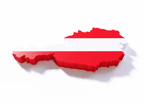 International border of Austria textured with Austrian flag on white background. Horizontal composition with clipping path and copy space.